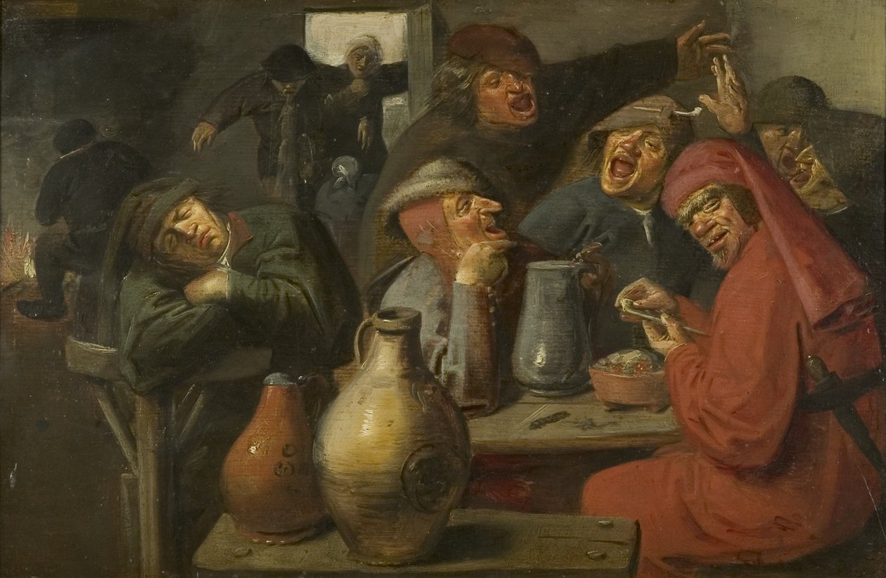 Interior de uma taverna, festa de camponeses, c.1635 (óleo no painel) de Master of the Large Jar