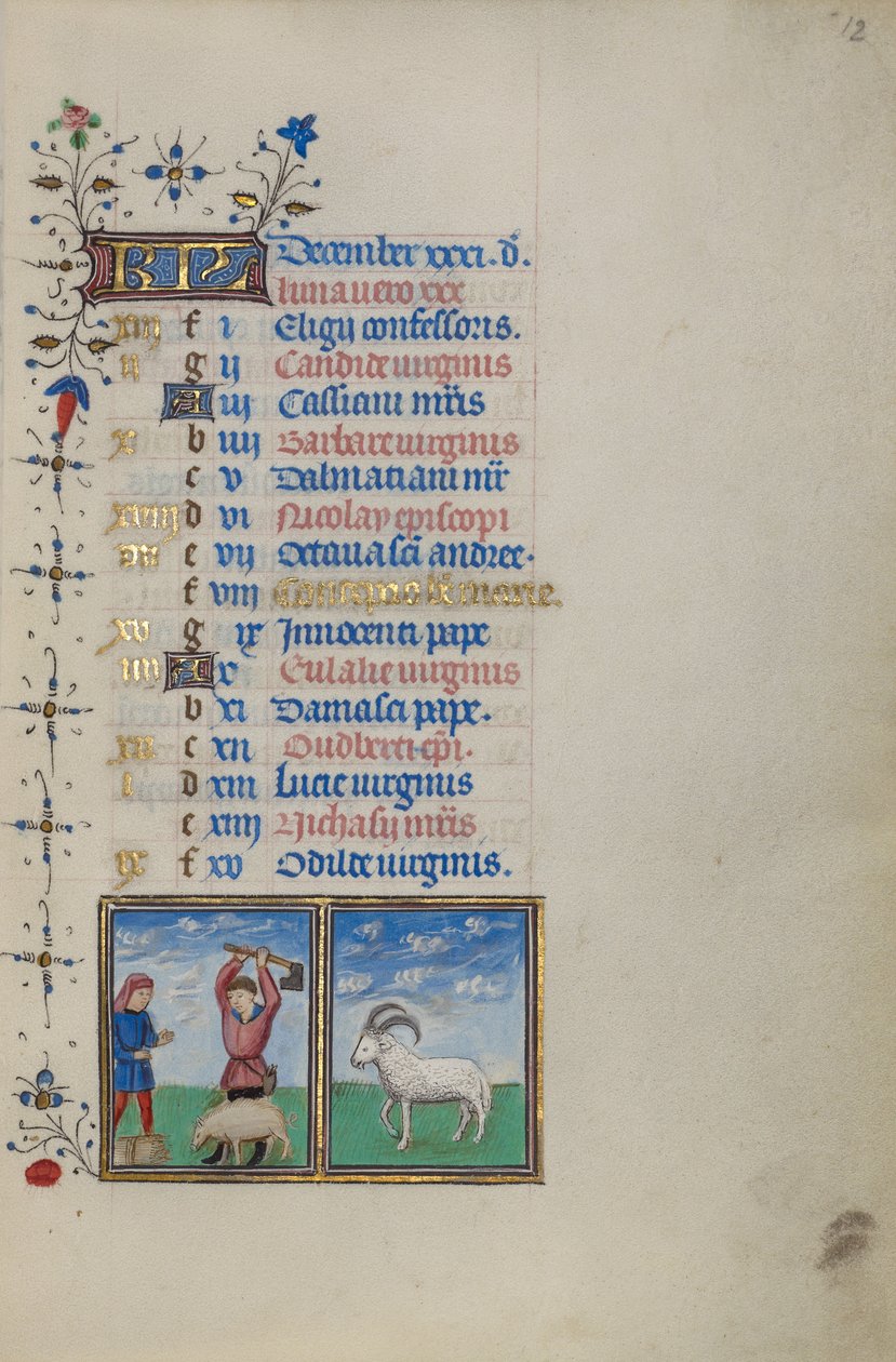 Página do calendário para dezembro; Abate de um porco; Capricórnio de Master of the Lee Hours