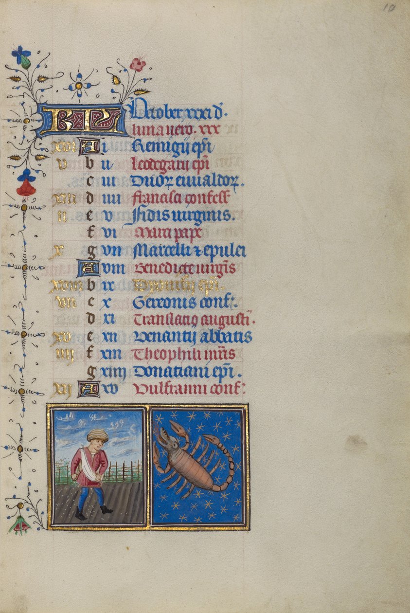 Página de calendário para outubro; Semeadura; Escorpião de Master of the Lee Hours