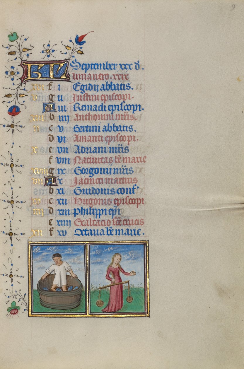 Página de calendário para setembro; Fazer vinho; Balança de Master of the Lee Hours