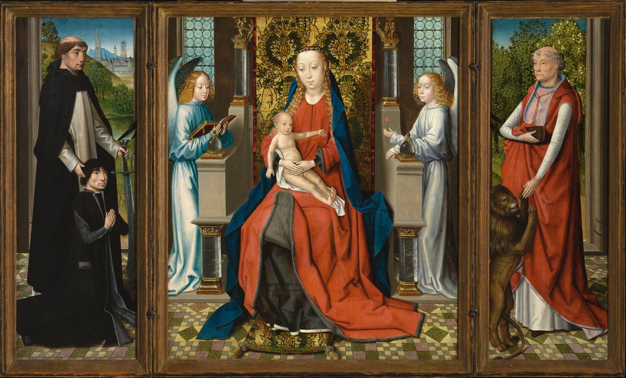 Tríptico de Nossa Senhora com o Menino e os Anjos; doador e seu patrono São Pedro Mártir; e São Jerónimo de Master of the Legend of Saint Lucy