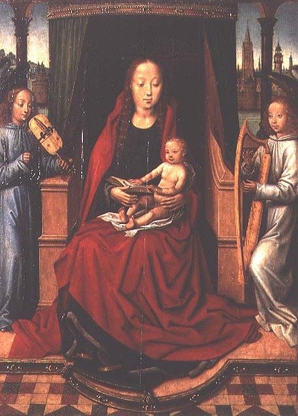 Madonna e Criança com Dois Anjos Musicais de Master of The Legend of St. Lucy