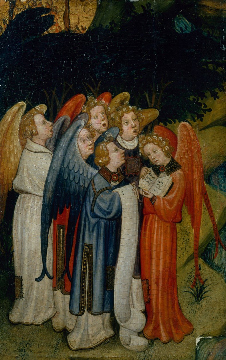 Um Coro de Anjos, fragmento, provavelmente da Natividade (óleo sobre painel de ouro) de Master of the Lindau Lamentation