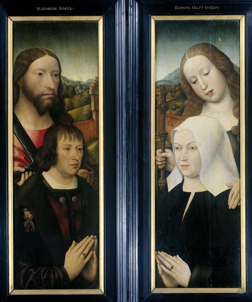 Duas asas de um tríptico com o doador, Thomas Isaacq, acompanhado por São Tomás (esquerda, asa externa) e a esposa do doador acompanhada por Santa Margarida (direita, asa externa) de Master of the Magdalen Legend