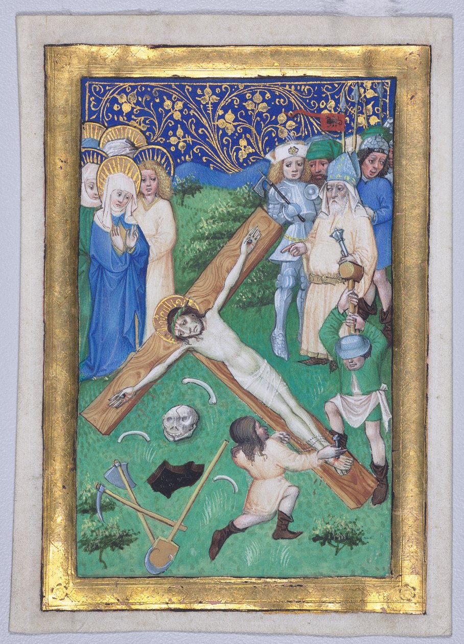 Folha de um livro de horas: Cristo sendo pregado na cruz de Master of the Maximilian Schoolbooks