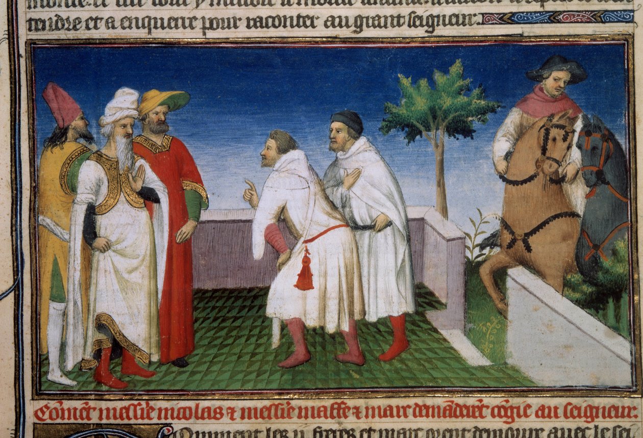 Matteo e Niccolo, os irmãos Polo pedem conge da Qubilai (Kubilai Khan, primeiro imperador da dinastia Yuan mongol (1215-1294) Miniatura tirada de "The Book of Wonders" ("O Livro das Maravilhas", "Il Milione") Ms. 2820 folio 6. Enlu de Master of the Mazarine