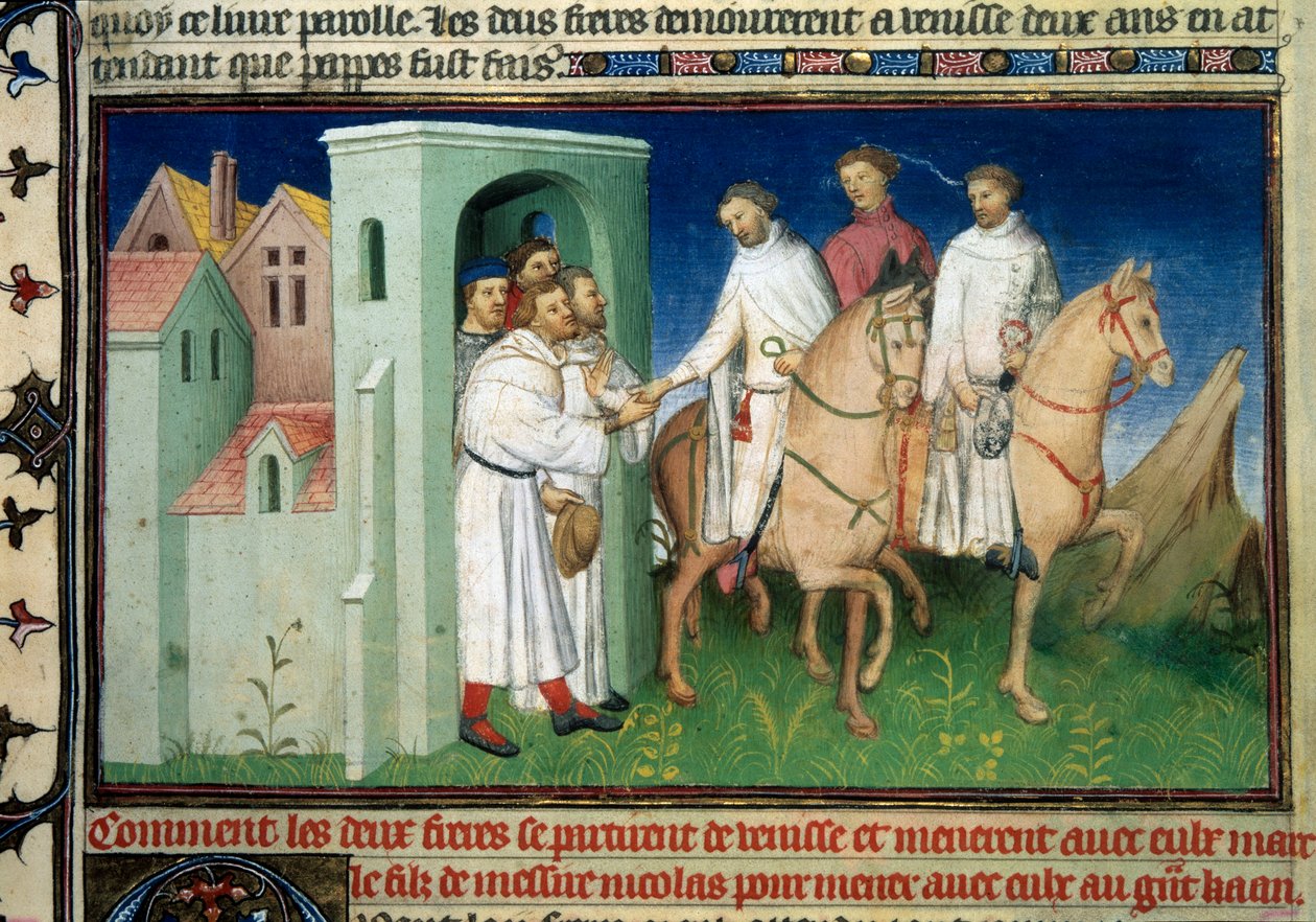 Matteo e Niccolo, os irmãos Pólo que deixam Veneza. Miniatura tirada de "O Livro das Maravilhas" ("Il Milione"), de Marco Polo (1254-1324) (Sra. 2810, Folio 4), iluminada pelo Mestre de Mazarine, por volta de 1410-1412. BN, de Master of the Mazarine