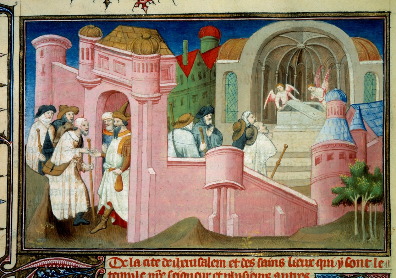 Pelerins visita a igreja do Santo Sepulcro e o túmulo de Cristo em Jerusalém Miniatura em "Liber de quibusdam ultramarinis partibus et praecipue de Terra sancta" (O estatuto da Terra Santa e também parcialmente da Terra de Egipte) por Guilherme de Bol de Master of the Mazarine