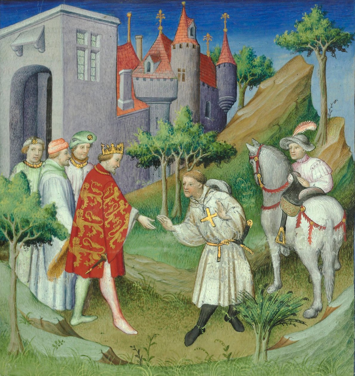 Sir John Mandeville e o Rei da Inglaterra, frontispício de "Le Livre des Merveilles" , Paris, c. 1420 (manuscrito) de Master of the Mazarine
