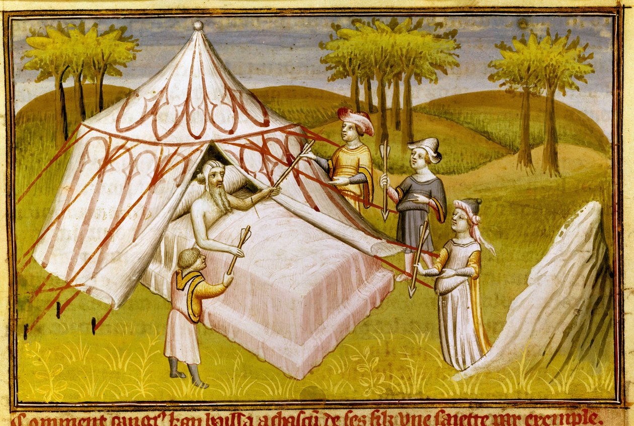 O líder mongol Gengis Khan no seu leito de morte dando as suas últimas recomendações aos seus filhos, c.1410 (miniatura) de Master of the Mazarine