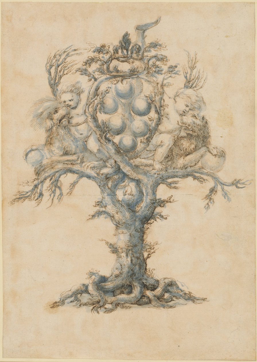 Uma garrafa de vinho com leões e Putti de Master of the Medici Banquet Decanters