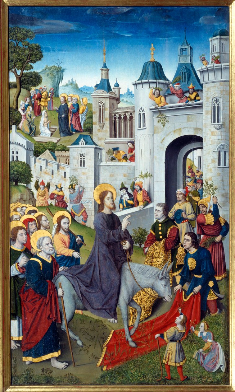 A entrada de Cristo em Jerusalém No Domingo de Ramos, os habitantes o saúdam com alegria espalhando suas roupas no chão, empunhando ramos de oliveira. Pintura do Mestre do Monograma AH de Master of the Monogram AH