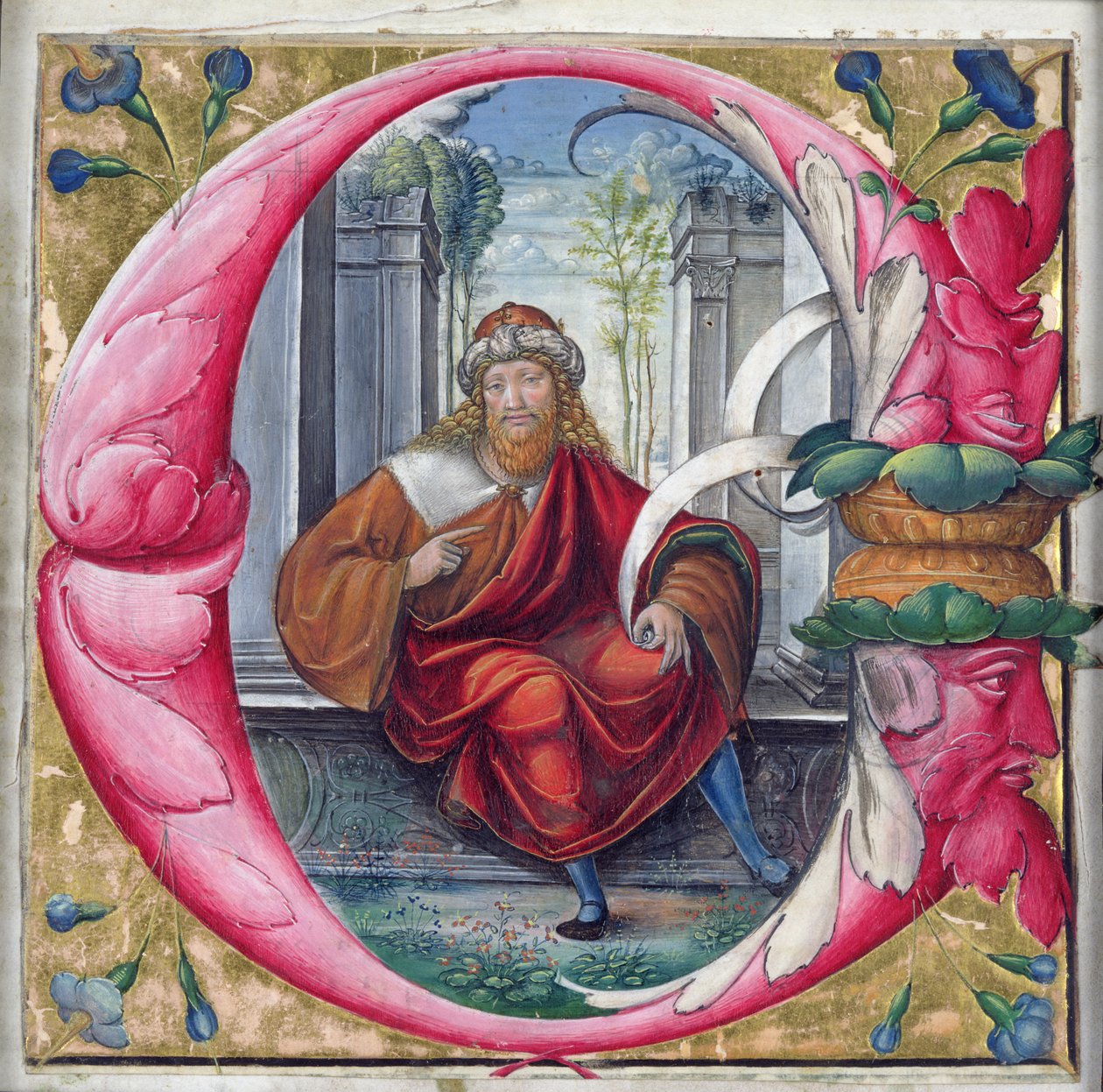 C ou O inicial de Historiated descrevendo o rei David de Master of the Monogram B.F