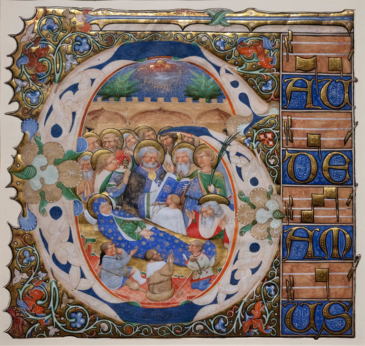 Inicial historiada com a Morte da virgem. Mestre do Gradual de Murano. Ca 1420 (pergaminho) de Master of the Murano Gradual