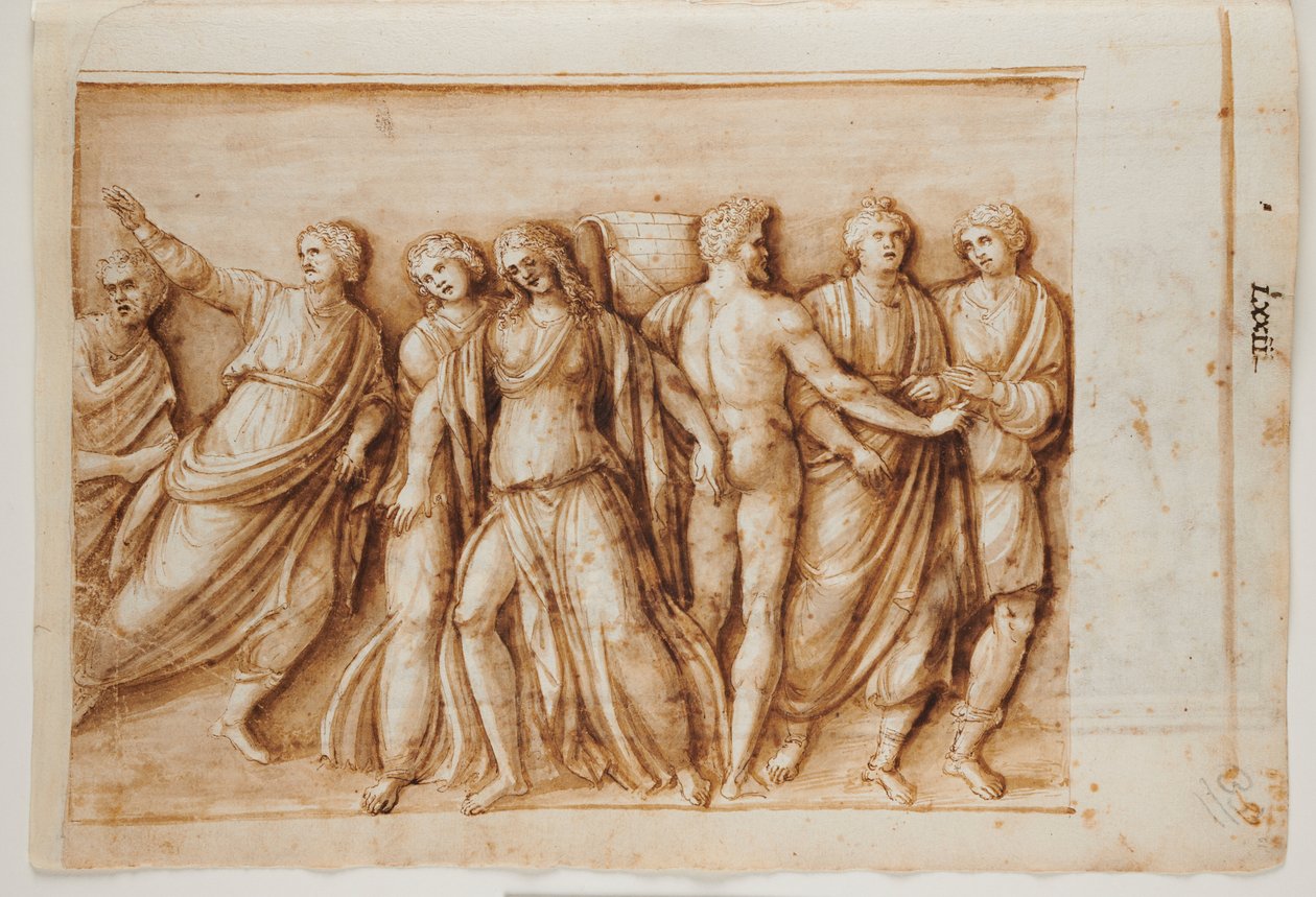 Folio 61, reto: O Retorno de Meleager de um Sarcófago Romano, Roma, Palazzo Barberini, c.1512-17 (caneta e tinta marrom com aguada marrom) de Master of the Oxford Album