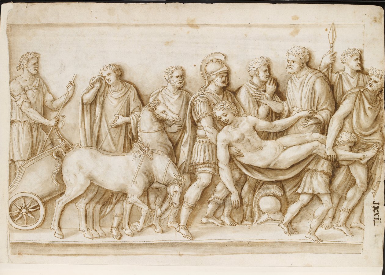 Verso: o regresso de Meleager, de um sarcófago romano, Roma, Palazzo Barberini, c.1512-17 (caneta e tinta castanha com lavagem castanha) de Master of the Oxford Album