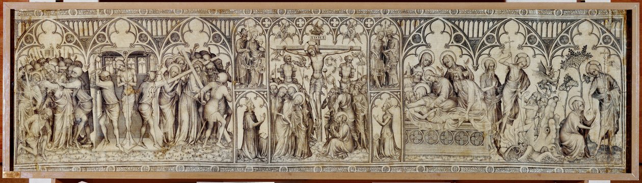 O altar de Narbonne: Cristo feito prisioneiro, escarnecido, coroa de espinhos, crucificação, sepultura, ressurreição ... de Master of the Parement of Narbonne