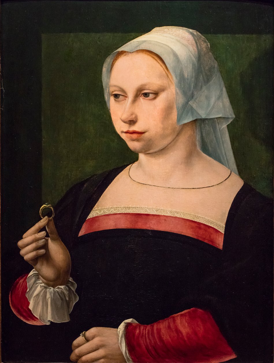 Retrato de uma jovem mulher com um anel de Master of the Parrot