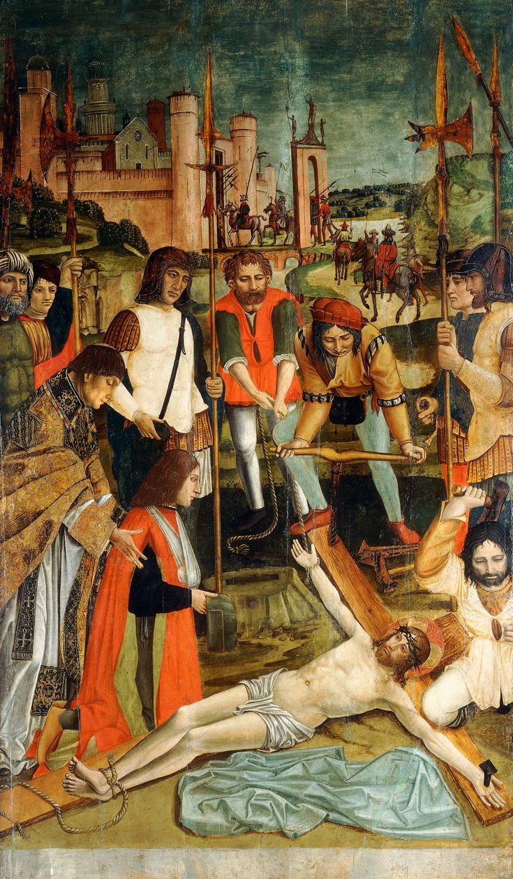 Cristo pregado na cruz com um doador com o braço em uma funda apresentada por um padre de Master of the Pavia Deposition
