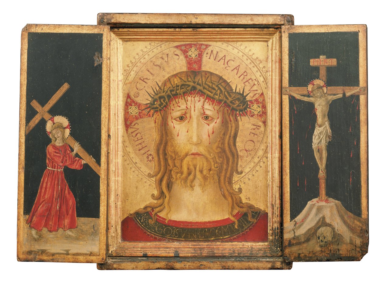 Um Tríptico: Cristo Redentor flanqueado por Cristo carregando a Cruz e A Crucificação (painel de solo dourado em moldura integral) de Master of the Pietà di San Costanzo