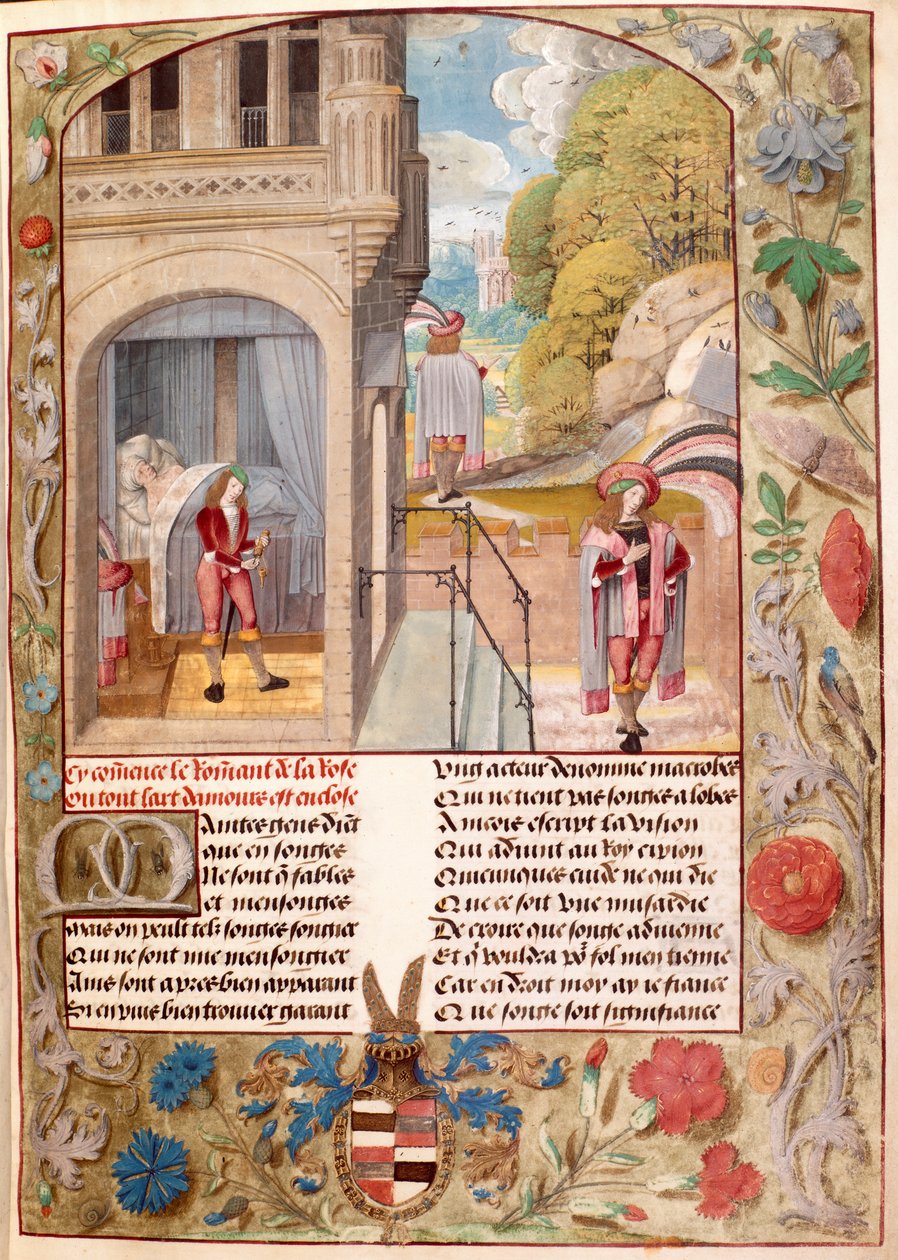 Harley 4425, fol.7 O amante adormecido, levantando-se e indo para o jardim do amor, de 