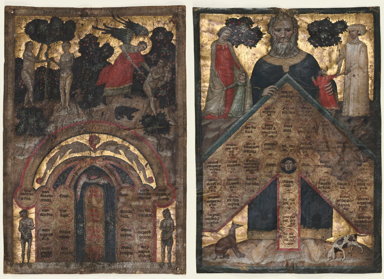 Folhas de um volume da "Palestra sobre a árvore da consanguinidade e afinidade: Tabela de afinidade e tabela de consanguinidade" de Johannes Andrea de Master of the Register of 1328