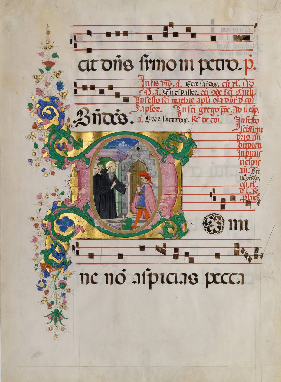 Folha de Manuscrito com São Bento Ressuscitando um Menino em um D inicial, de um Antifonário. de Master of the Riccardiana Lactantius