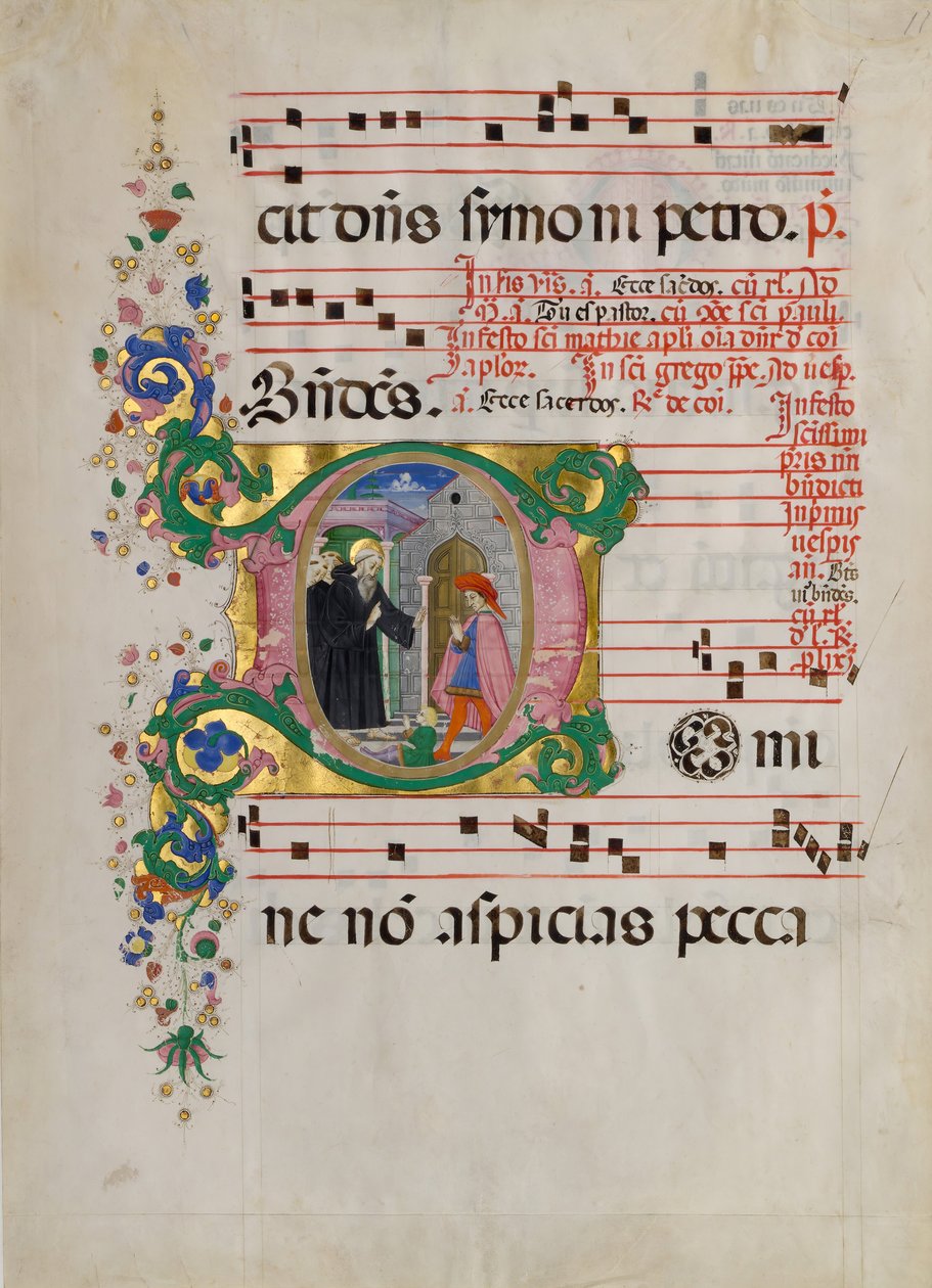 Folha Manuscrito com São Bento Ressuscitando um Menino em inicial D..., segunda metade do século XV de Master of the Riccardiana Lactantius