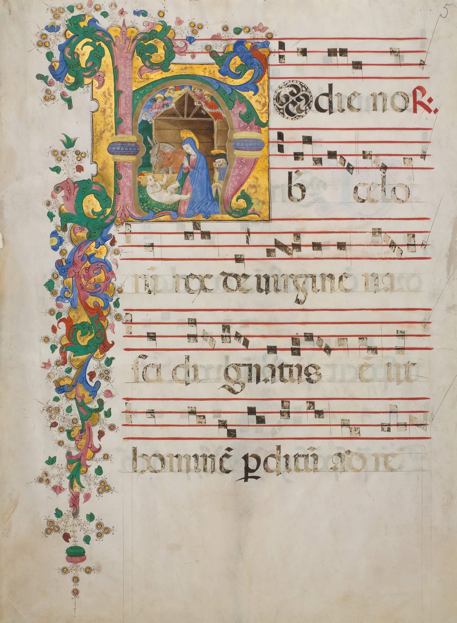 Folha Manuscrito com a Natividade em H inicial, de um antifonário, italiano, segunda metade do século XV de Master of the Riccardiana Lactantius