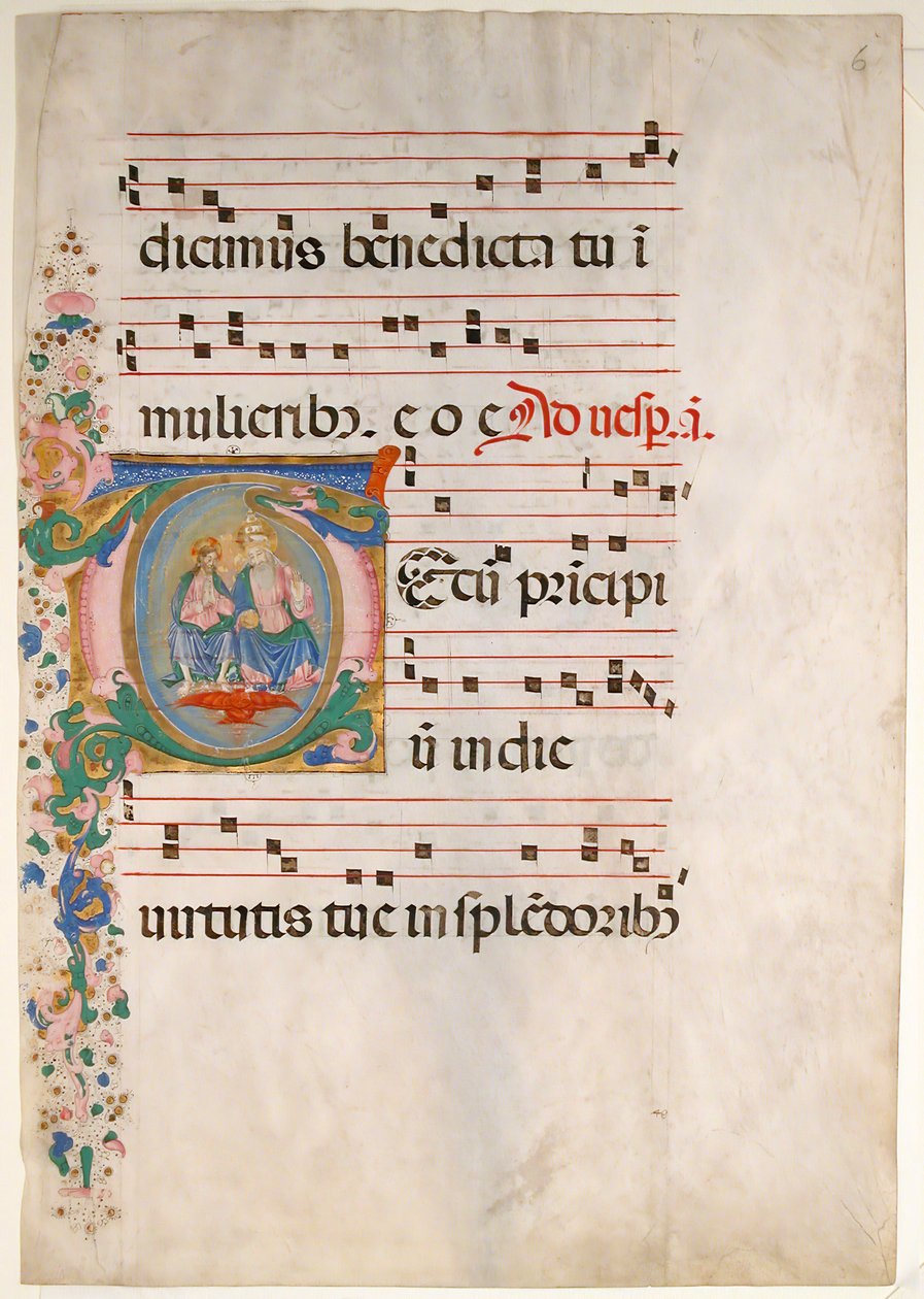 Folha Manuscrito com a Trindade em T inicial, de um Antifonário, segunda metade do século XV. de Master of the Riccardiana Lactantius