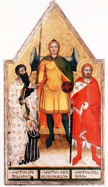São Miguel Arcanjo com São Bartolomeu e São Julião (tempera no painel) de Master of the Rinuccini Chapel