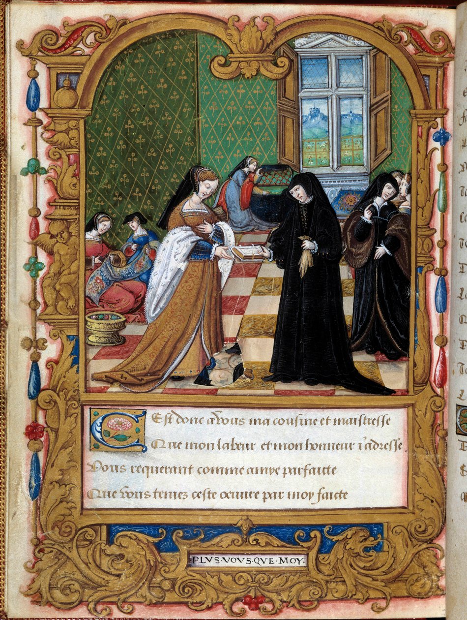 Margarita de Angoulema (1492-1549) Rainha de Navarra apresenta seu livro à Duquesa de Etampes e preferida de François I Anne Pisseleu Página retirada do manuscrito "La coche ou Debat d