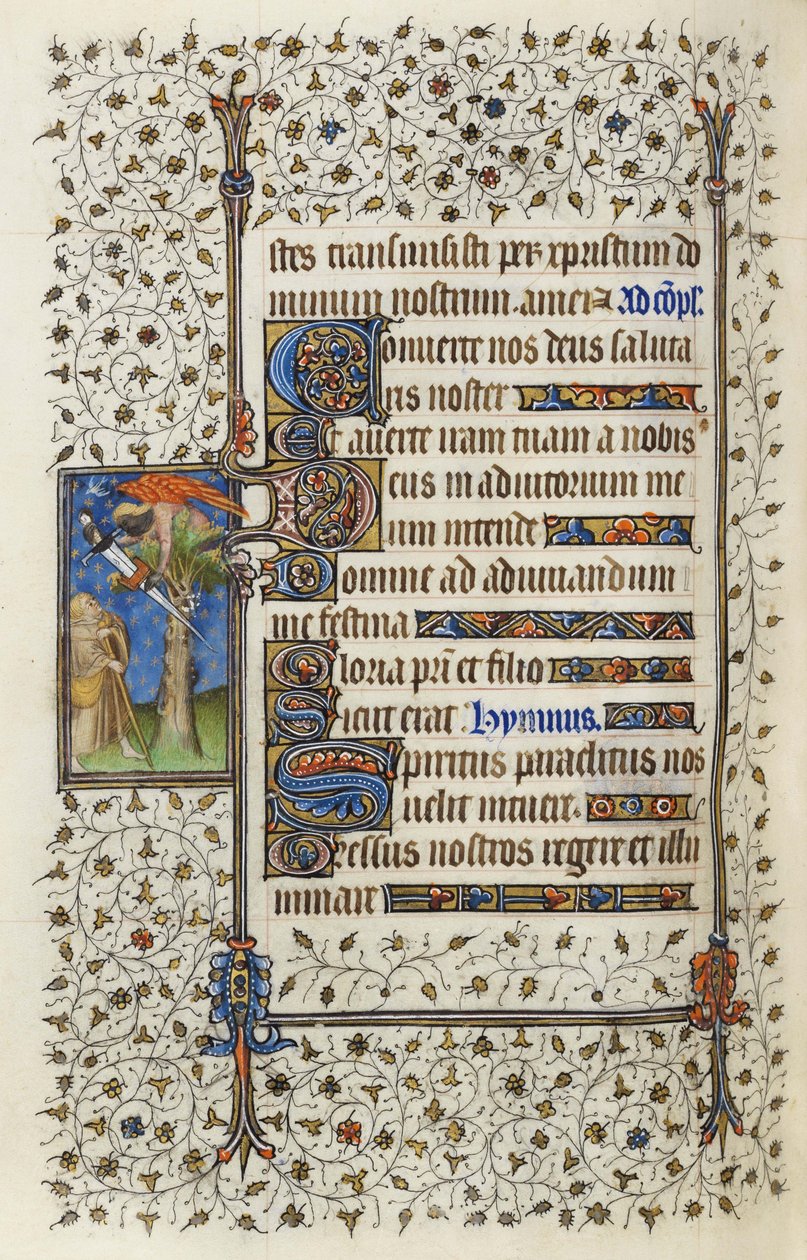 Ms 62 f.132v Figura alada numa copa de árvore com livro perfurado por uma espada, das "Horas do Espírito Santo" de 1350, 1417 de Guillaume de Deguilleville (tinta e folha de ouro em pergaminho) de Master of the Rohan Hours