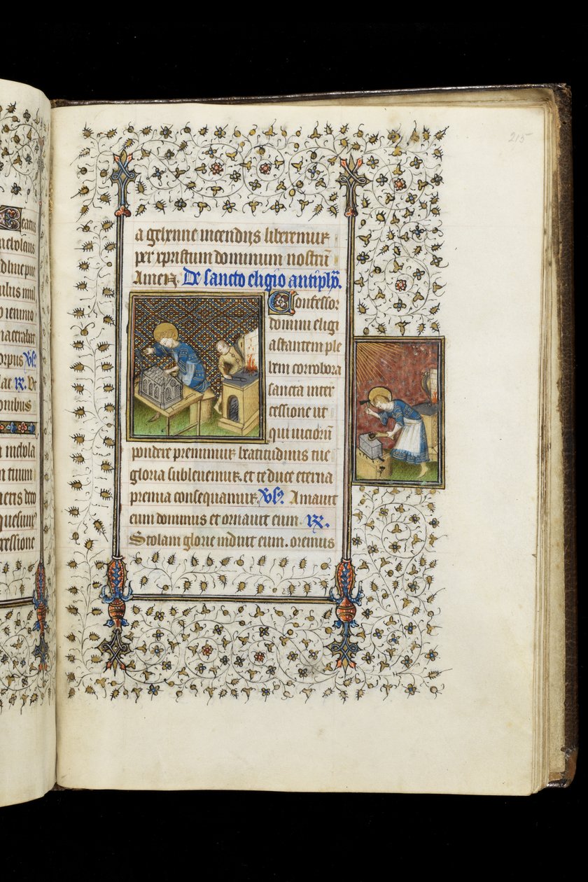 Ms 62 f.215r St. Eligius fazendo um santuário; Santo Eligius em uma bigorna, de um livro de horas, c.1445-50 (pergaminho) de Master of the Rohan Hours