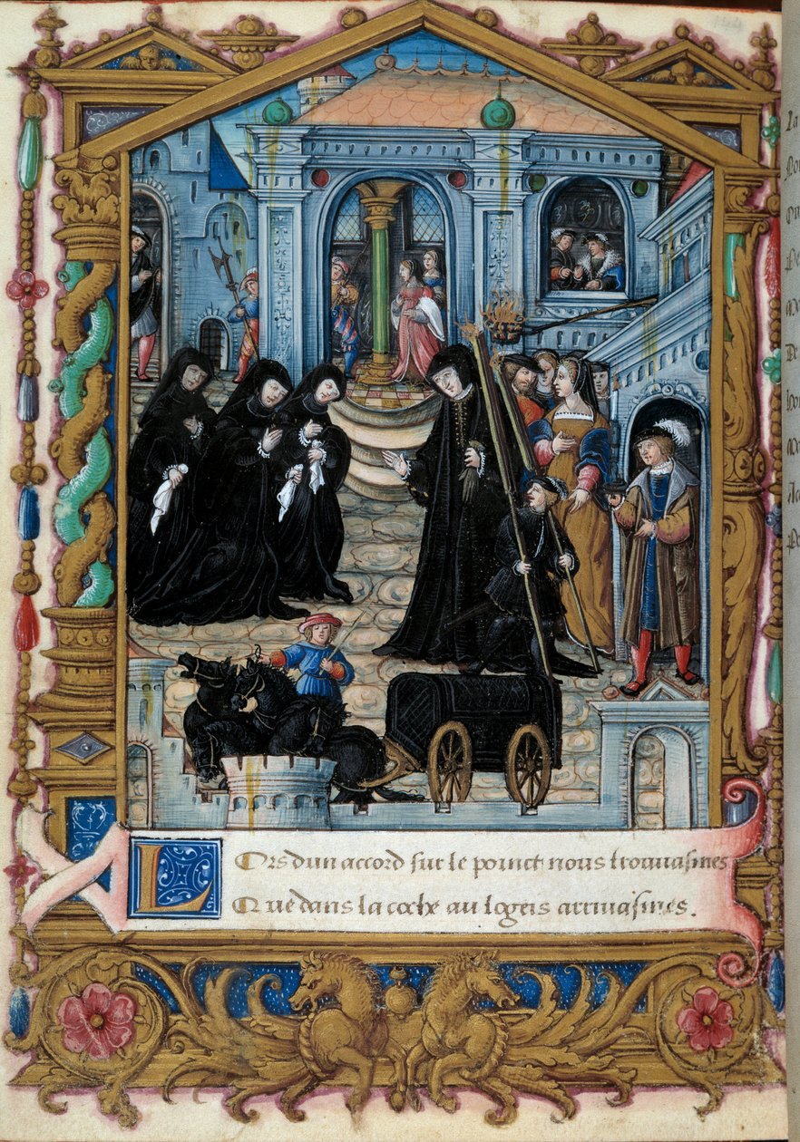 Representação da Rainha de Navarra Margarita de Angoulema (1492-1549) rodeada pelos seus companheiros. Página extraída do manuscrito "La coche ou Debat d