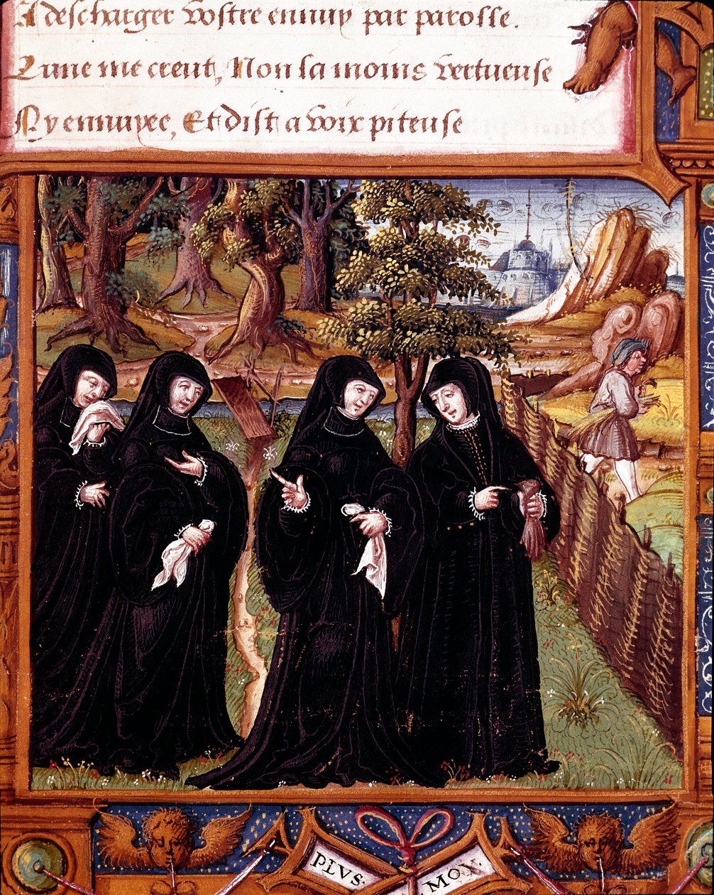 Representação da Rainha de Navarra Margarita de Angoulema (1492-1549) falando com seus companheiros Página extraída do manuscrito "La coche ou Debat d