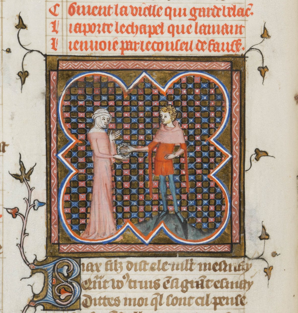Miniatura de um manuscrito do Roman de la Rose por Guillaume de Lorris e Jean de Meun, 1353 de Master of the Rose novels
