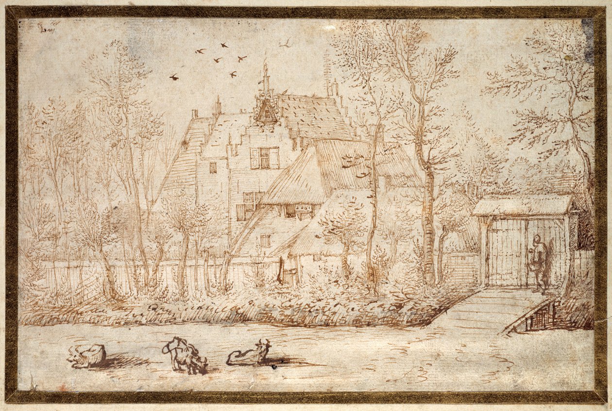 Uma casa de campo, com o gado em primeiro plano (caneta e tinta sobre papel) de School Lebanese