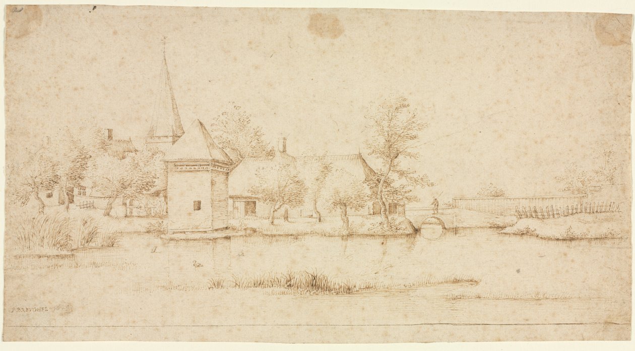 Paisagem com Aldeia Moated, 1559-1561. de Master of the Small Landscapes