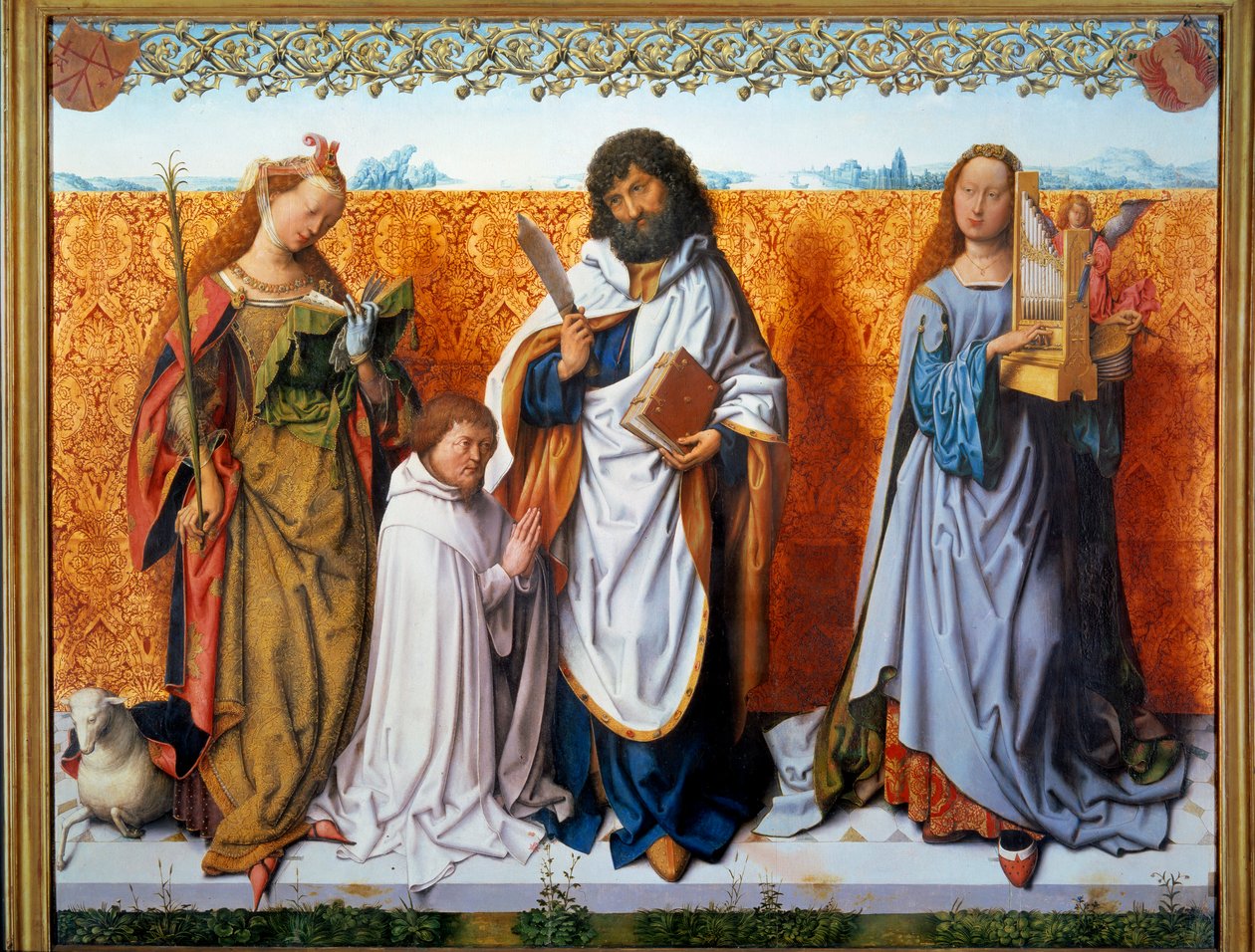Painel central do altar de São Bartolomeu: Santa Agnes, Bartolomeu e Santa Cecília com um doador. Pintura do Mestre de São Bartolomeu (século XVI) Ec. Todos. de Master of the St. Bartholomew Altarpiece