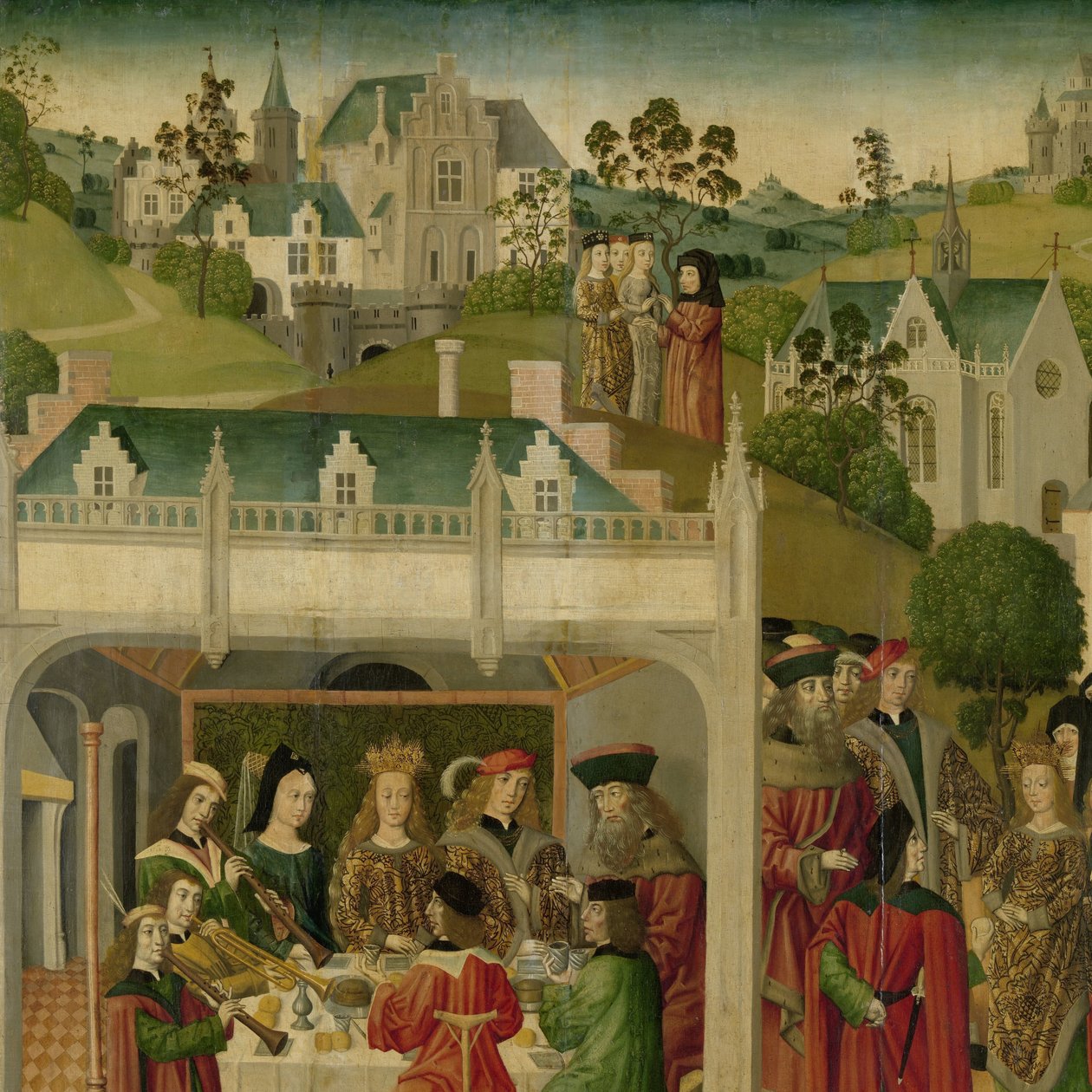 Festa de casamento de Santa Isabel da Hungria e Luís da Turíngia em Wartburg, ala interior esquerda de um retábulo feito para o Grote Kerk em Dordrecht de Master of the St Elizabeth Panels