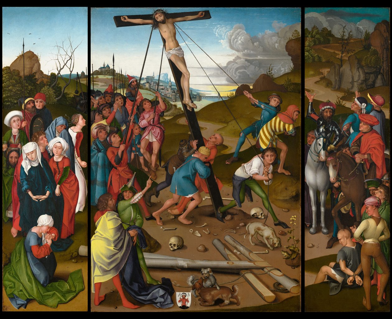 O Levantamento da Cruz [painéis central, esquerdo e direito], c. 14801490. de Master of the Starck Triptych