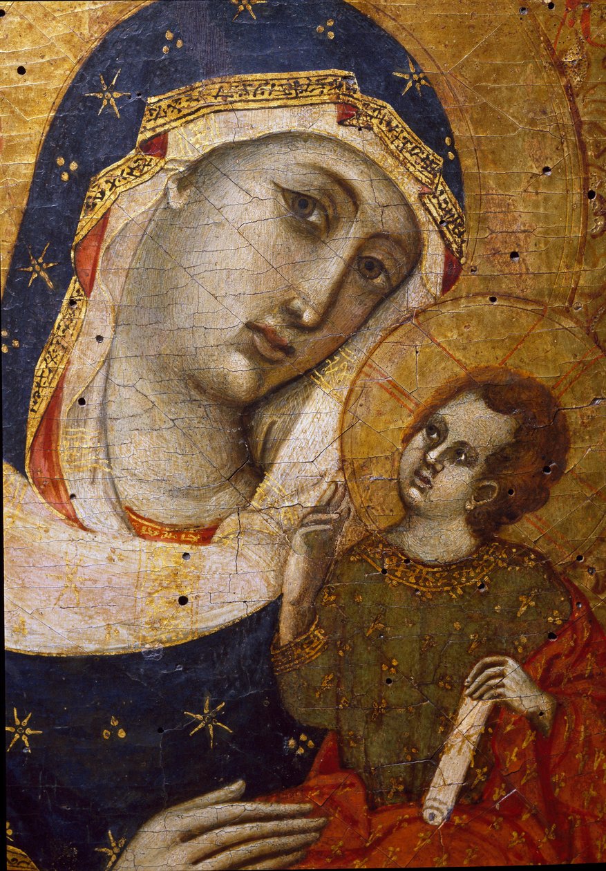 Virgem com criança Detalhe - Pintura sobre madeira do mestre do díptico Sterbini (século XIV) Dim 33,5x26,7 cm Sede, Museo del Tesoro della Basilica di San Francesco de Master of the Sterbini Diptych