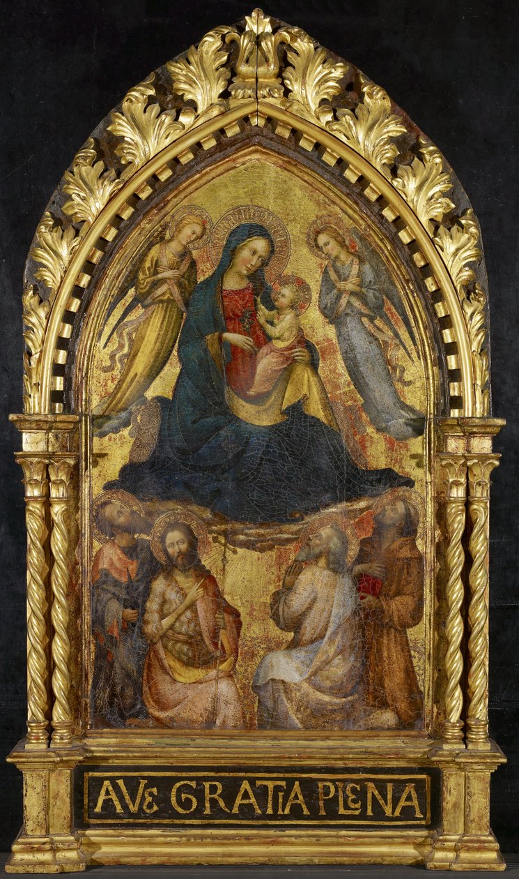 Virgem e Criança com Anjos e Quatro Santos, c. 1400-15 (tempera e folha de ouro em painel) de Master of the Straus Madonna