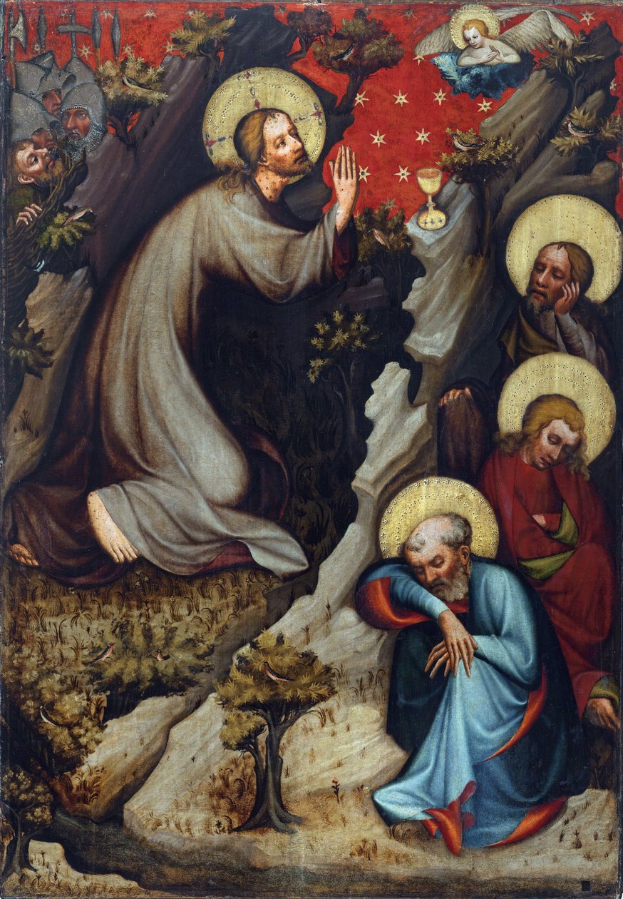 Agonie dans le jardin des Oliviers - Cristo no Monte das Oliveiras - Mestre de Wittingau (Mestre do Altar de Trebon) (ativo ca 1380-1390). Tempera em painel, ca 1380. Galeria Nacional, Praga de Master of the Trebon Altarpiece