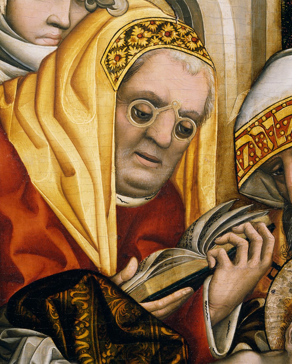 Padre de óculos, detalhe da Circuncisão de Cristo de Master of the Tucher Altarpiece