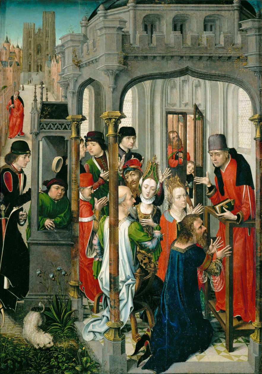 A pregação de São Gery, "o sermão pastoral", com a igreja de São Gudule ao fundo ... de Master of the View of Saint Gudula