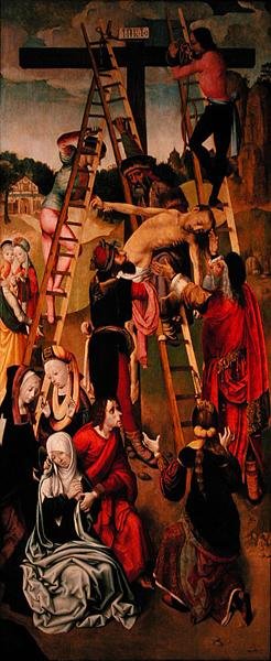 A Deposição, painel lateral de um tríptico, c.1490s (óleo sobre painel) (ver também 152538) de Master of the Virgo Inter Virgines