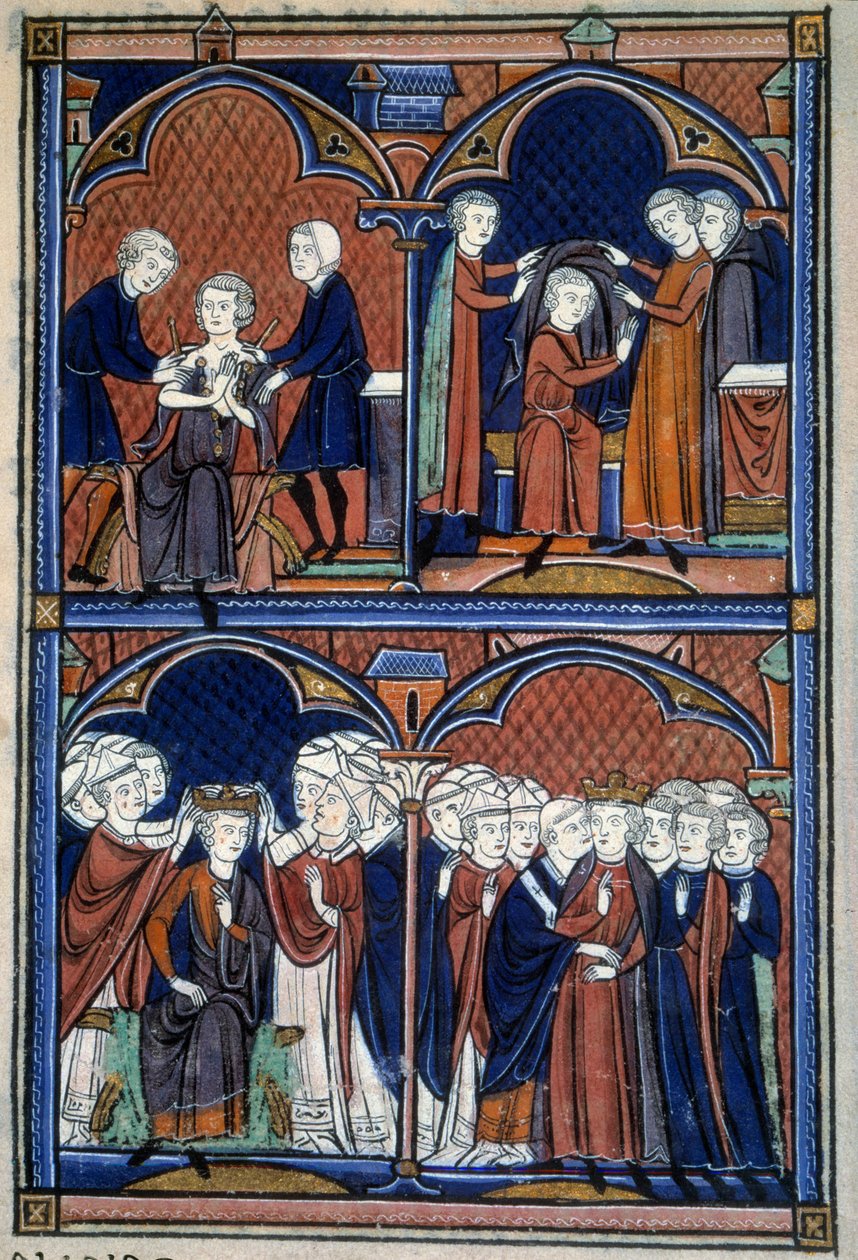 Ordem da Consagração e Coroação dos Reis de França: O rei da túnica, o manto e a coroa sobre a qual todos os pares colocam as suas mãos; o arco abraça-o. Miniatura retirada do "L
