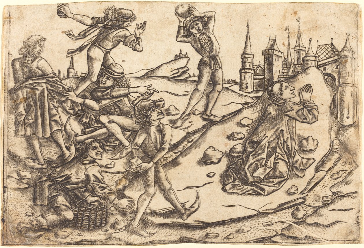 O apedrejamento de Santo Estêvão de Master with the Banderoles after Israhel van Meckenem